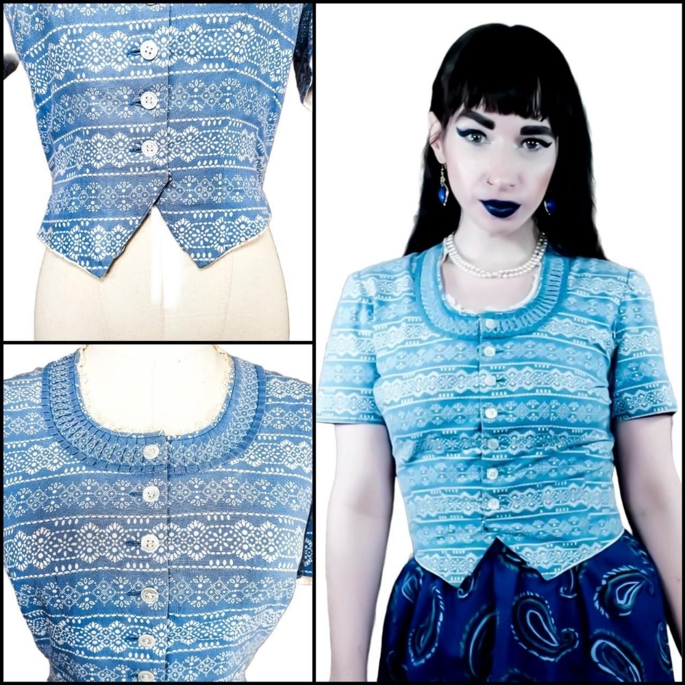 Vintage 1960s Blue Rockabilly Crop Top Midcentury Pinup Cottagecore Blouse